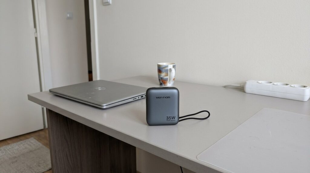 The power bank has a built-in cable for the forgetful. And it's so small it even fits in a pocket!
