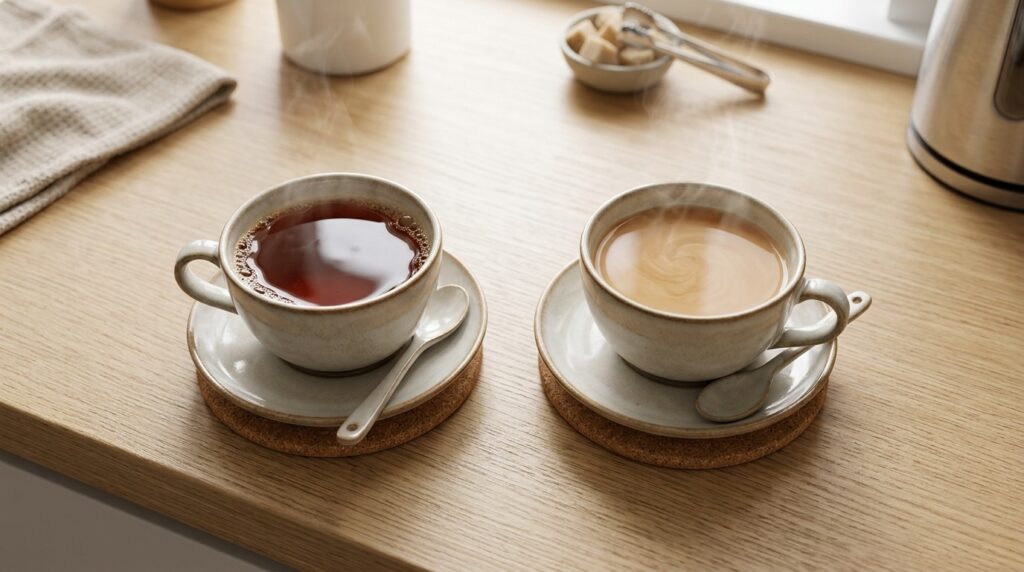 Tea with milk is considered a traditional drink in many cultures. Photo.