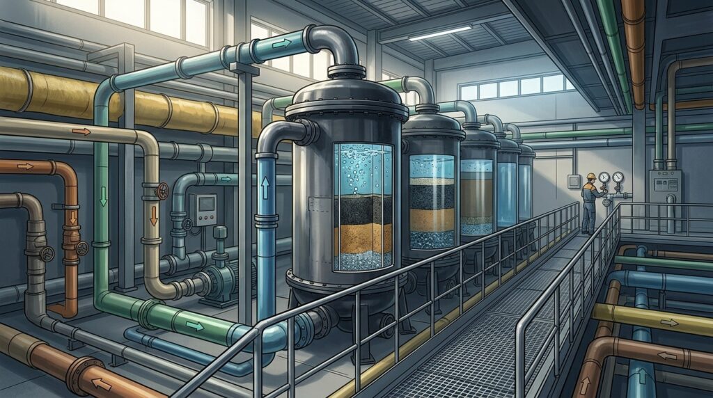 Water treatment plant with filtration systems