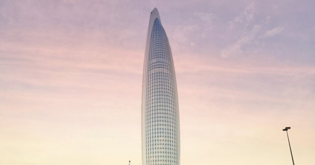 Mohammed VI Tower is designed to resemble a Saturn V rocket. Photo.
