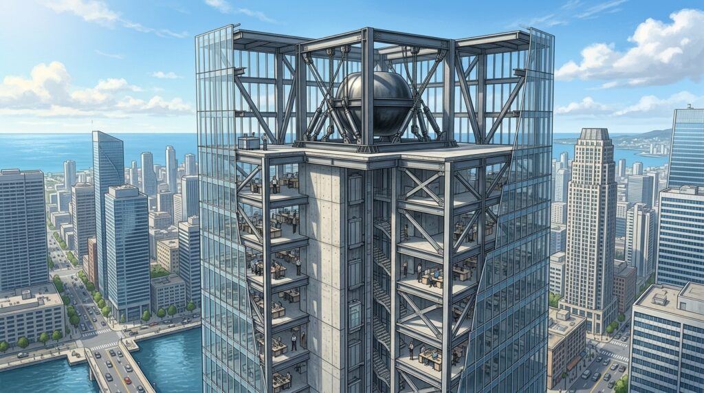 Schematic diagram of a high-rise building with a damper on the upper floors. Photo.