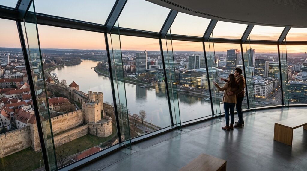 The observation deck at the top of the tower offers views of historic neighborhoods and the river. Photo.
