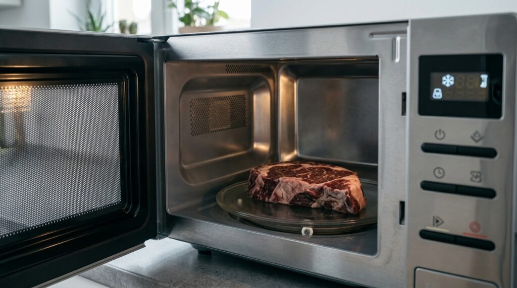 The 'defrost' mode in the microwave is an acceptable option if you cook the meat right after. Photo.