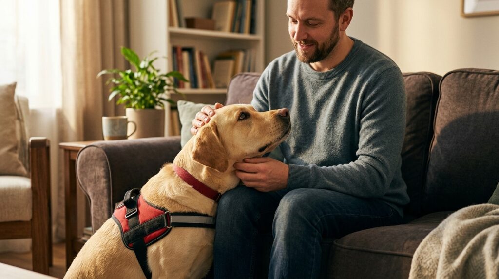 A guide dog next to its owner at home — not just a helper, but a companion