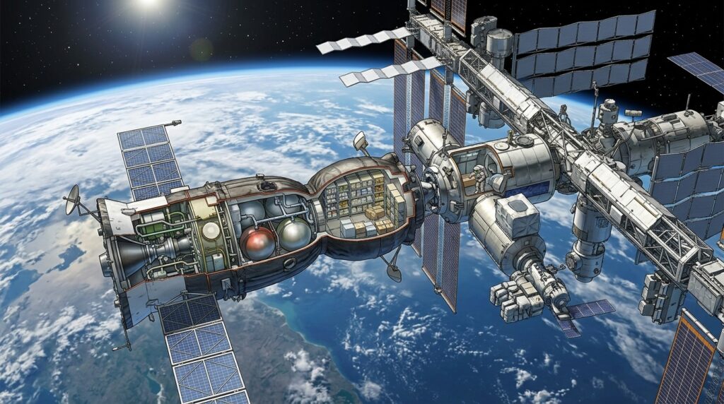 Schematic design of the Progress cargo spacecraft at the ISS. Photo.