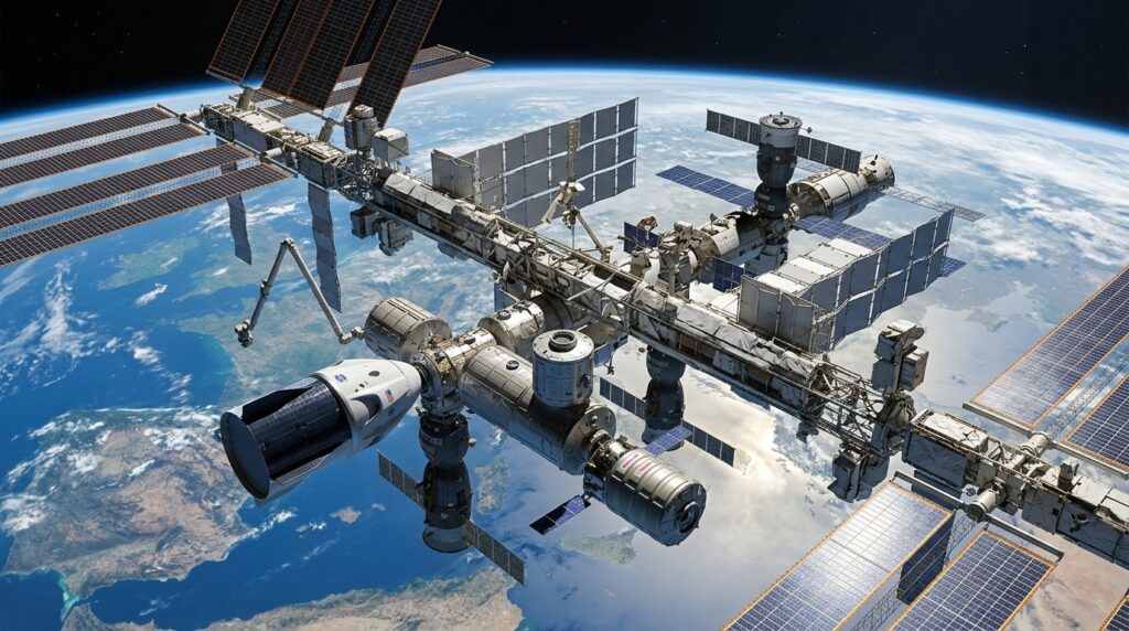 The ISS in orbit with several docked spacecraft. Photo.