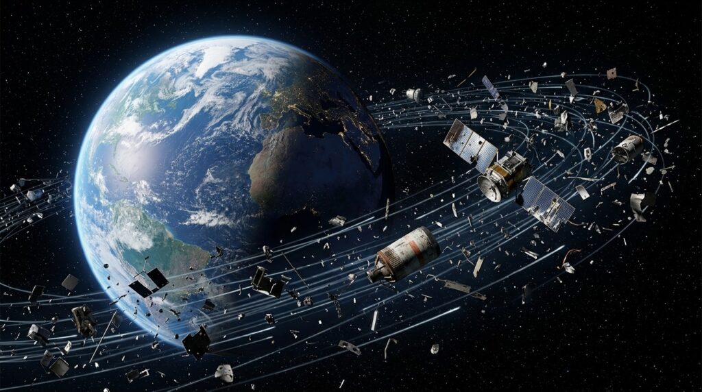 Visualization of space debris in near-Earth orbit — each dot represents a tracked object. Photo.