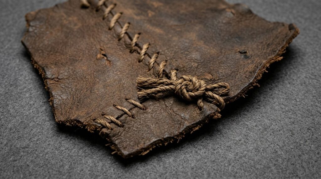 A fragment of sewn hide — traces of cord and the joining of several pieces are visible.
