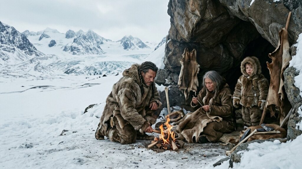 Reconstruction: Ice Age people in sewn clothing made from hides.