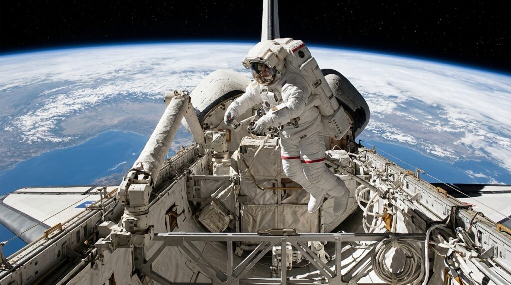 The most insane spacewalk: an astronaut without a tether catches a satellite. Photo.