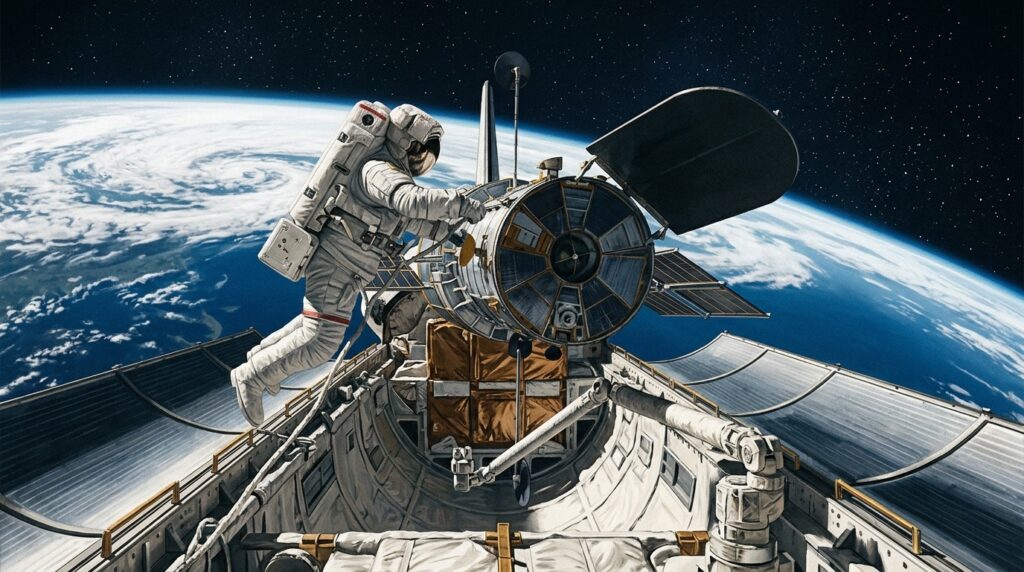 An astronaut holds a captured satellite manually before loading it into the cargo bay. Photo.