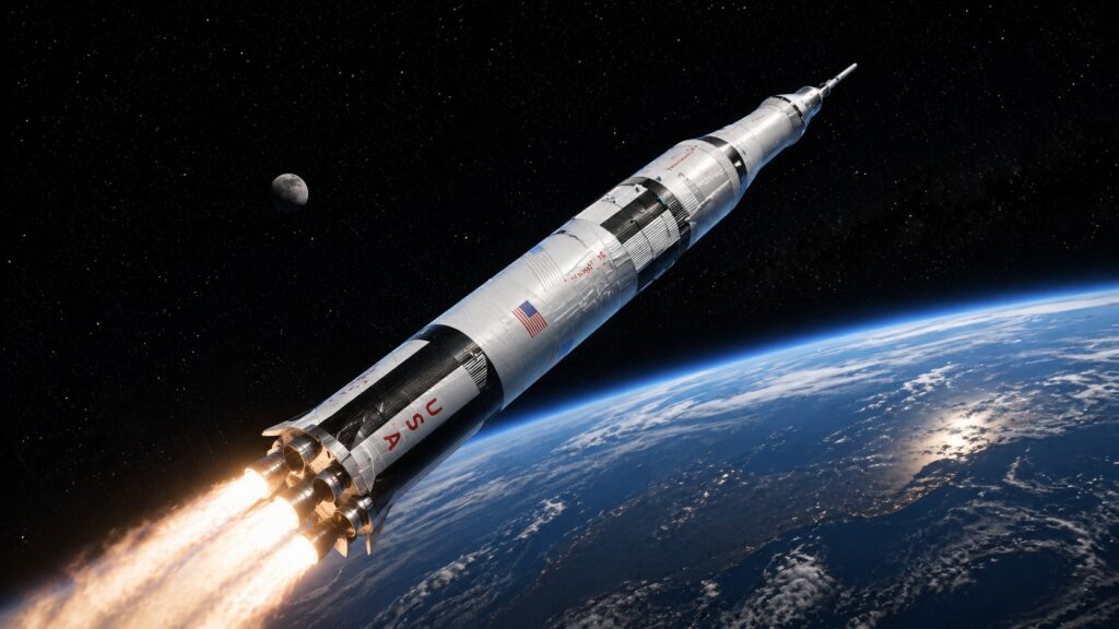 Saturn V launch vehicle in space. Photo.