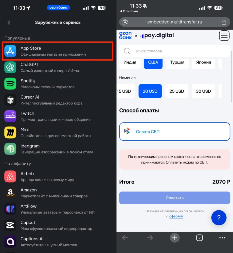 Ozon Bank and buying App Store cards. Ozon redirects to a partner's website. Photo.