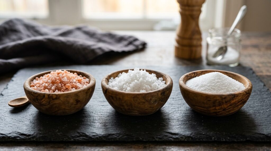 Himalayan, sea, and regular table salt differ not only in color but also in their trace element composition. Photo.