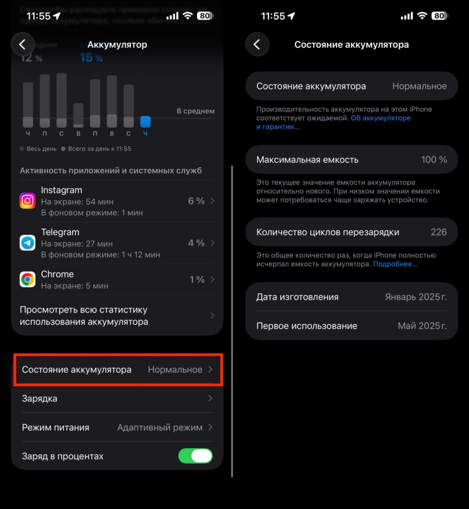 iPhone Battery Replacement: What It Does. When the battery condition is unsatisfactory, a disable button will appear in this section. Photo.