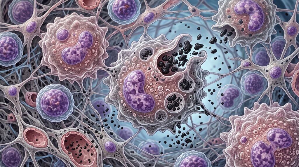 Macrophages attempting to engulf tattoo pigment particles in a lymph node. Photo.