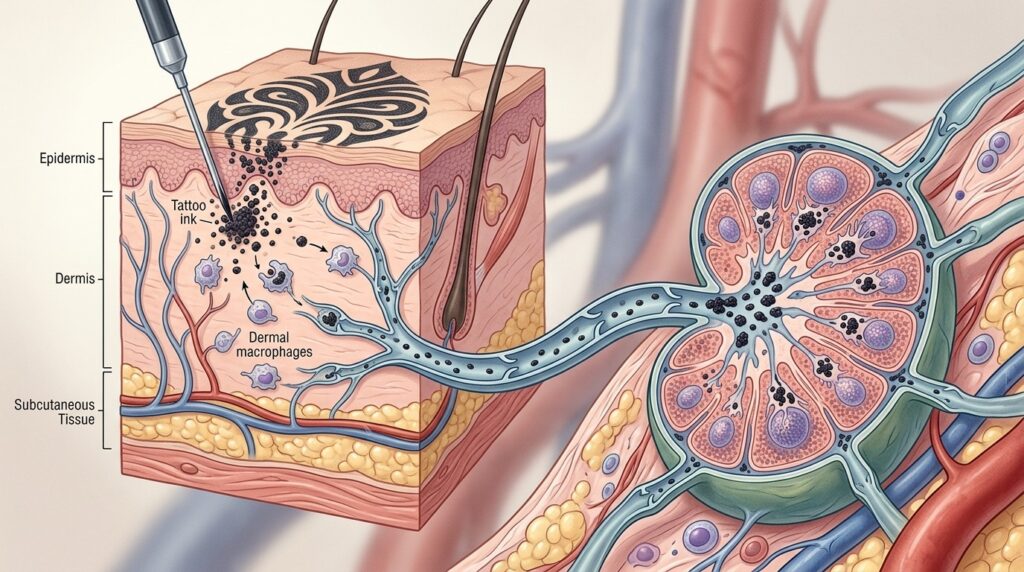 The path of pigment from the skin to the lymph nodes through the lymphatic system. Photo.