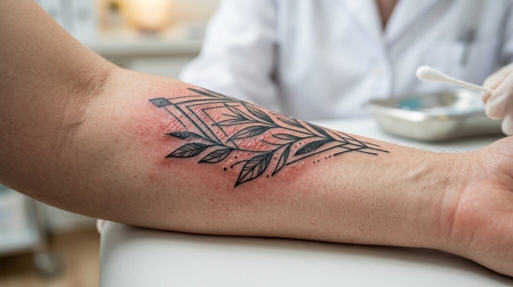 Inflammatory skin reaction in the area of a red tattoo. Photo.