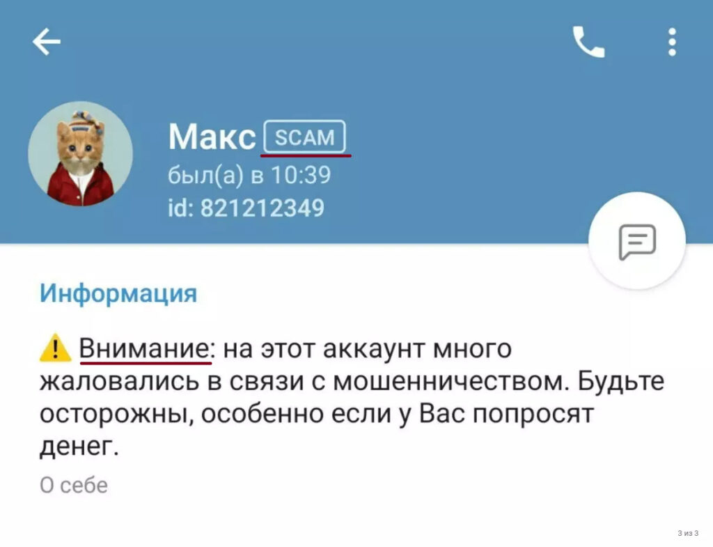 SCAM and FAKE labels in Telegram. This kind of mark can also appear. Image: gruzdevv.ru. Photo.