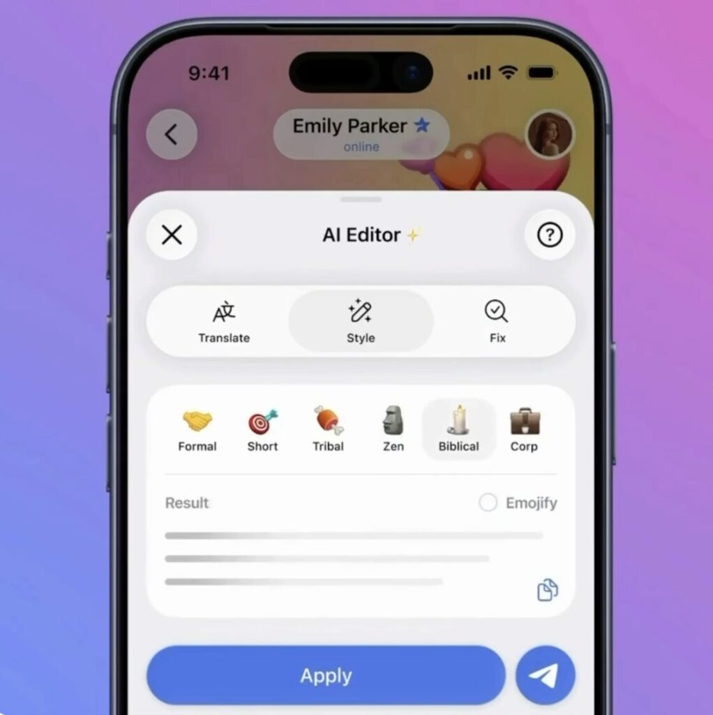 AI message editor in Telegram — how to fix text before sending. There are several styles to choose from. Photo.