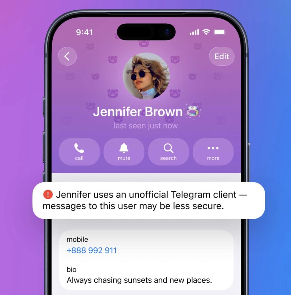 Unofficial Telegram clients — why they are dangerous. This badge will appear for everyone using an unofficial client. Photo.