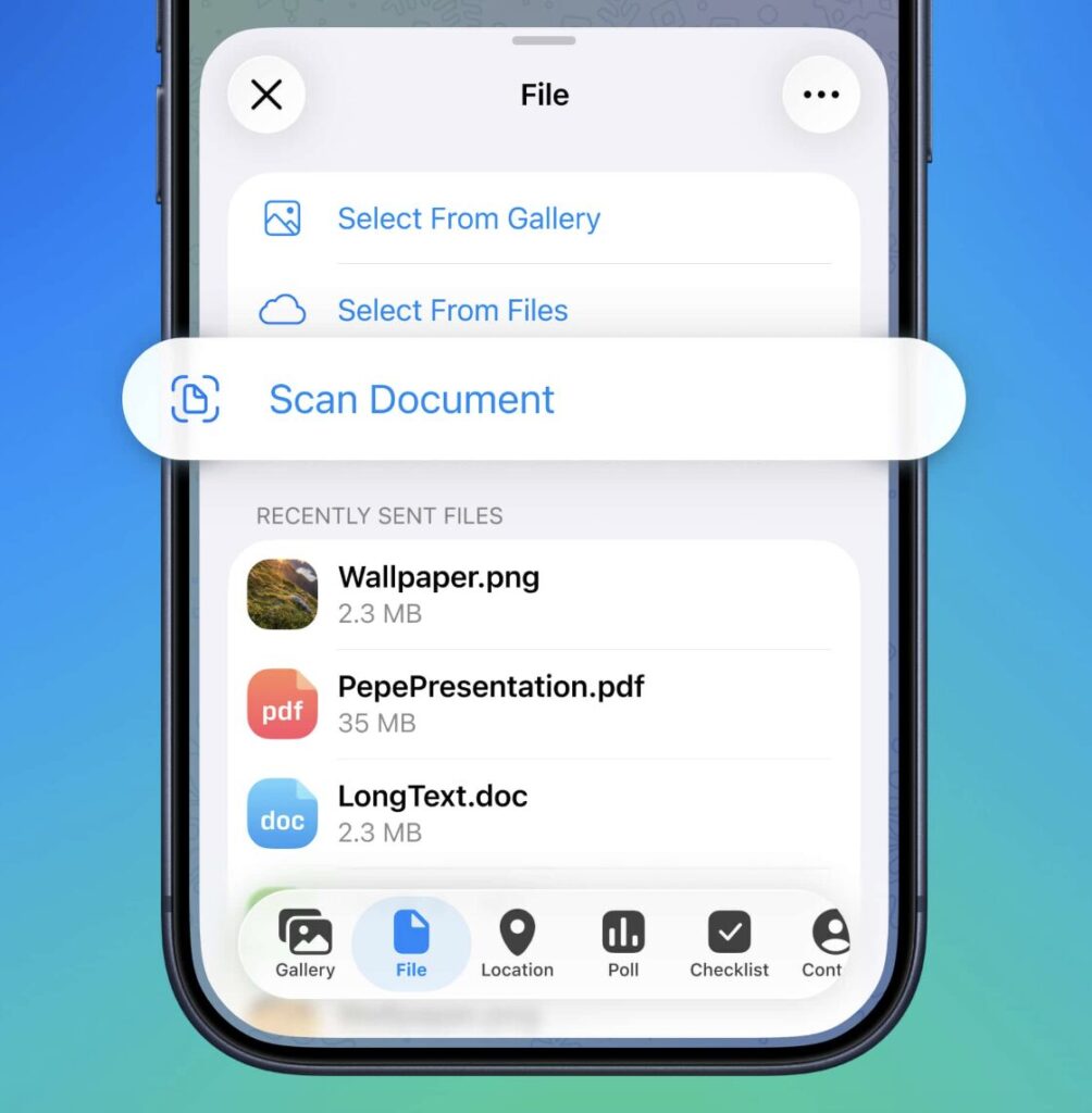 Document scanner in Telegram on iPhone — how to scan to PDF. No more third-party apps needed for scanning. Photo.