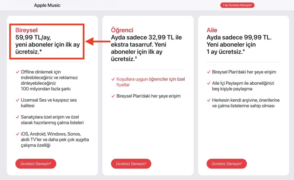 An individual music subscription will cost you 60 liras