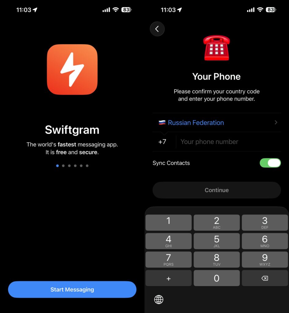 Installing a second Telegram on iOS: step-by-step guide. Authorization in Swiftgram looks exactly like in Telegram. Photo.