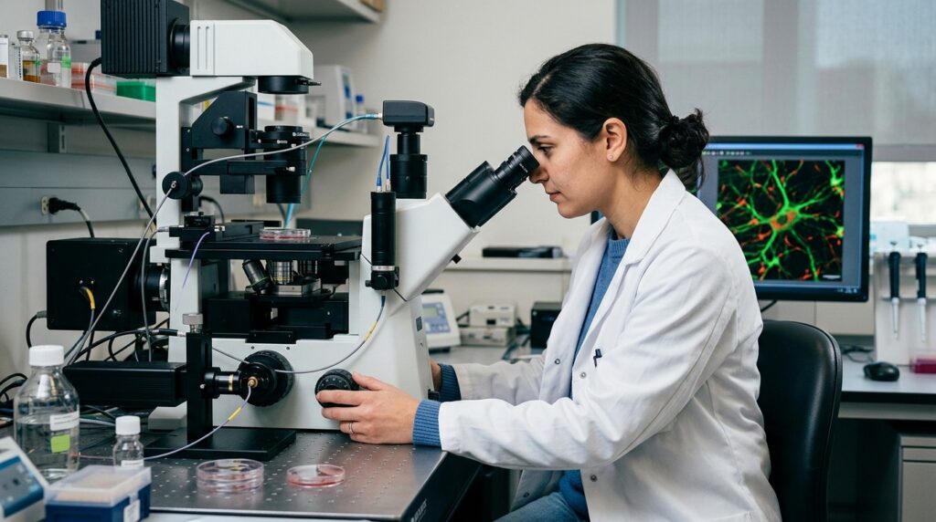 Researcher working with a multiphoton microscope to observe living follicles