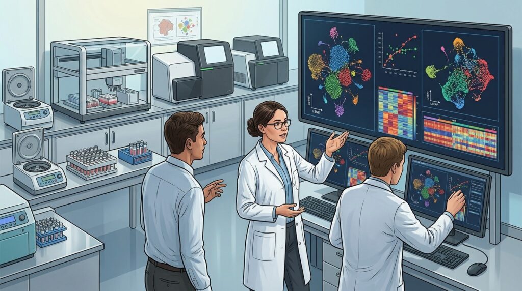 A genomic research laboratory analyzing single-cell sequencing data. Photo.