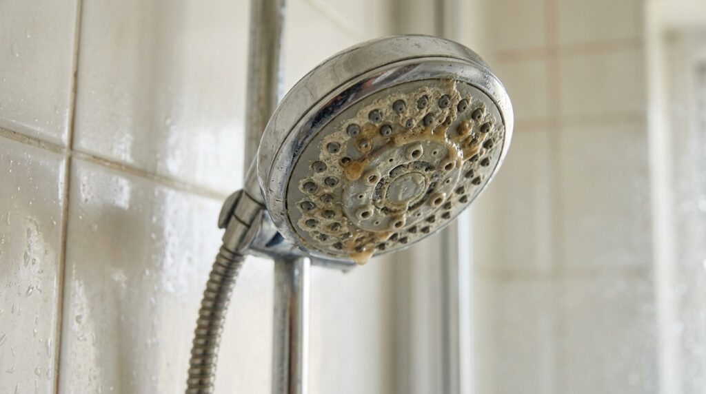 A shower head with buildup is a potential source of bacteria and fungi. Photo.