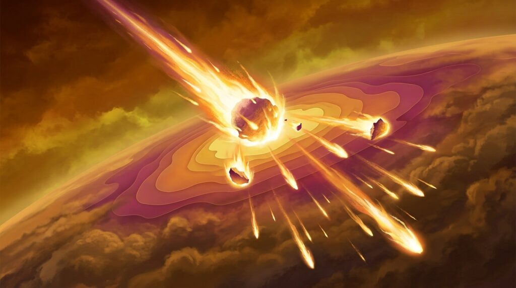 A bolide breaks apart in Venus's atmosphere, and its fragments scatter across the cloud layer