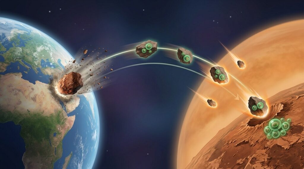 Diagram of material transfer from Earth to Venus as a result of asteroid impacts
