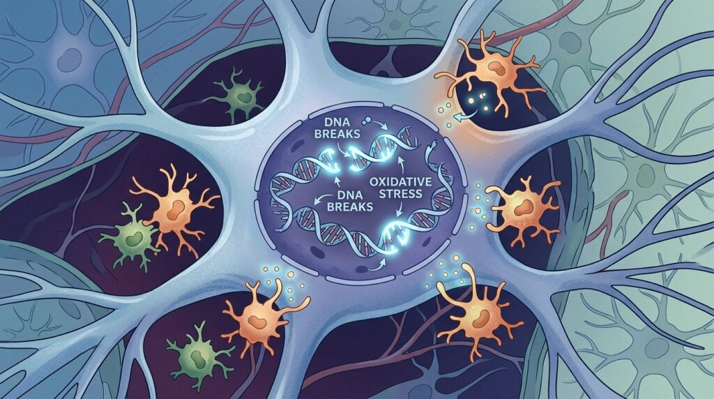 Diagram: inflammation causes DNA damage inside a neuron, which accumulates and leads to cell death