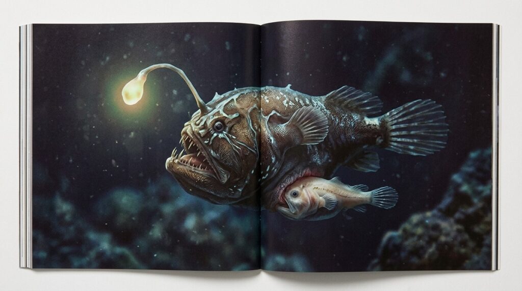 A tiny male anglerfish fused with the body of a large female. Photo.