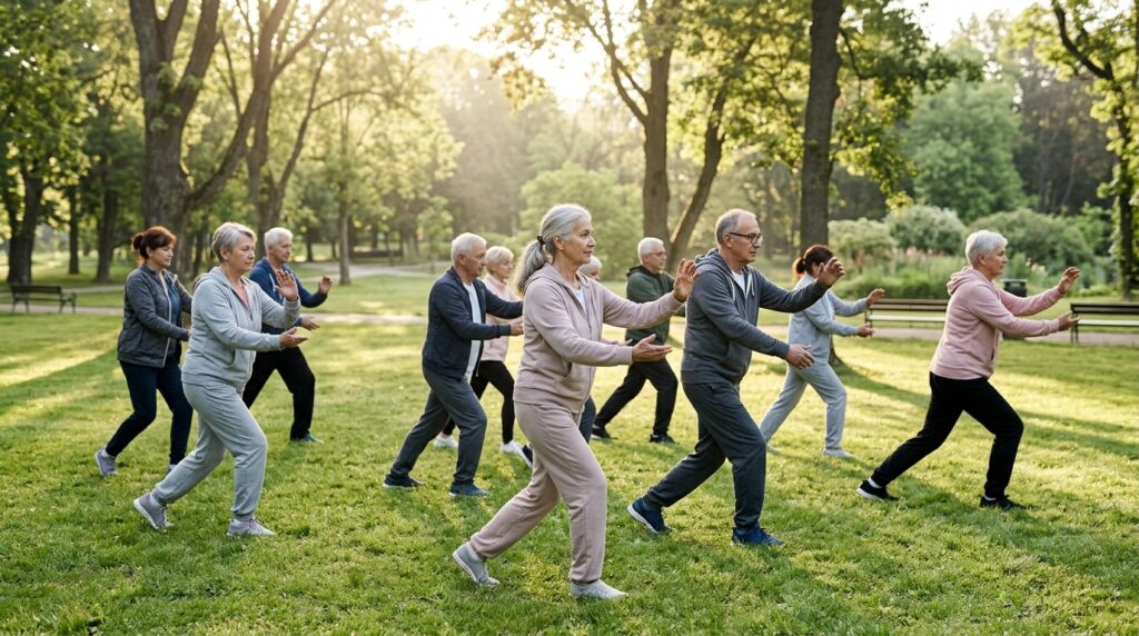 Tai chi practice in the park — gentle exercise accessible to people of any age