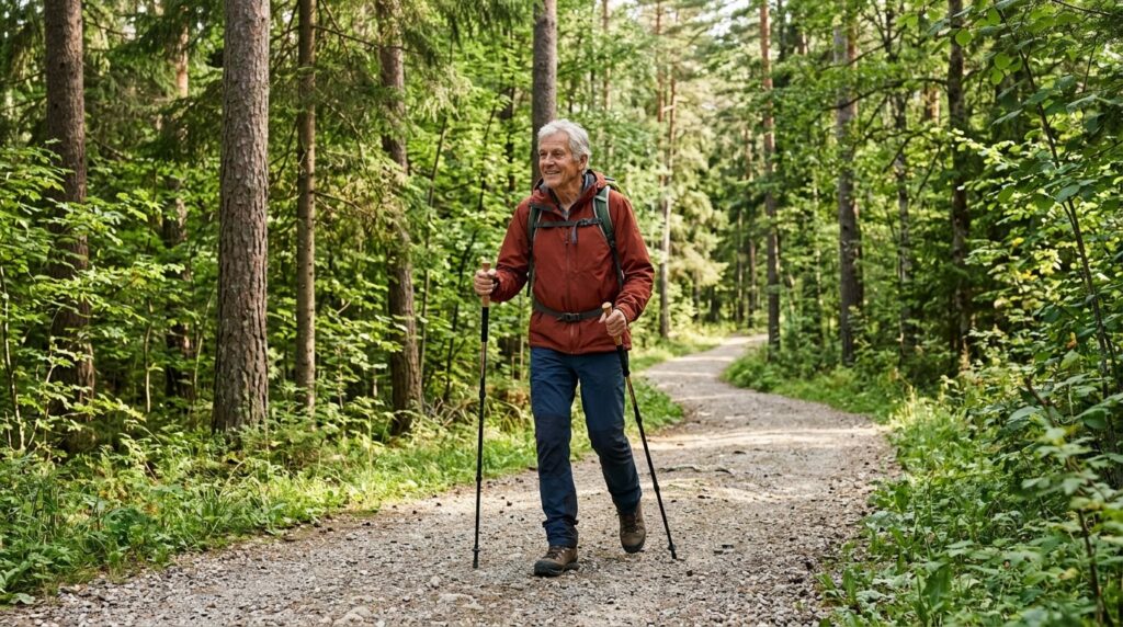 Walking with poles on a forest trail — a simple but effective balance exercise