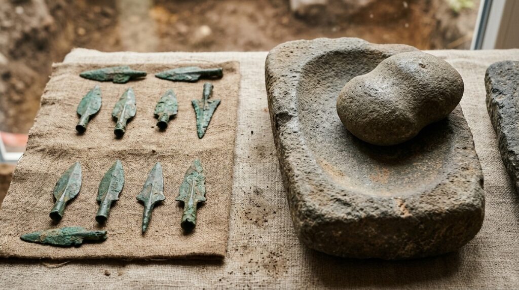 Bronze arrowheads and stone tools — some of the finds from Bandykhan II. Photo.