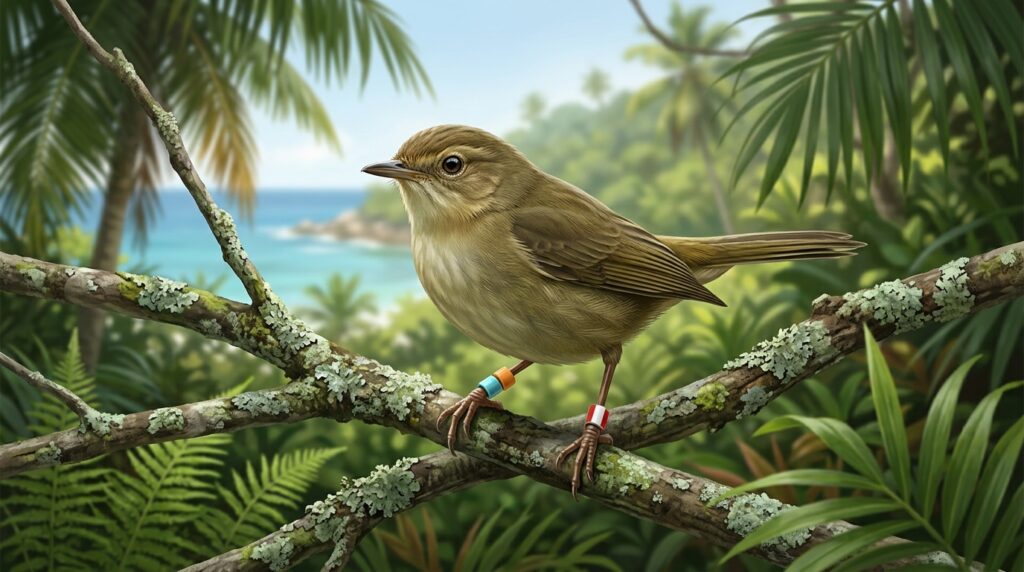 A Seychelles warbler with colored bands — a participant in a long-term study