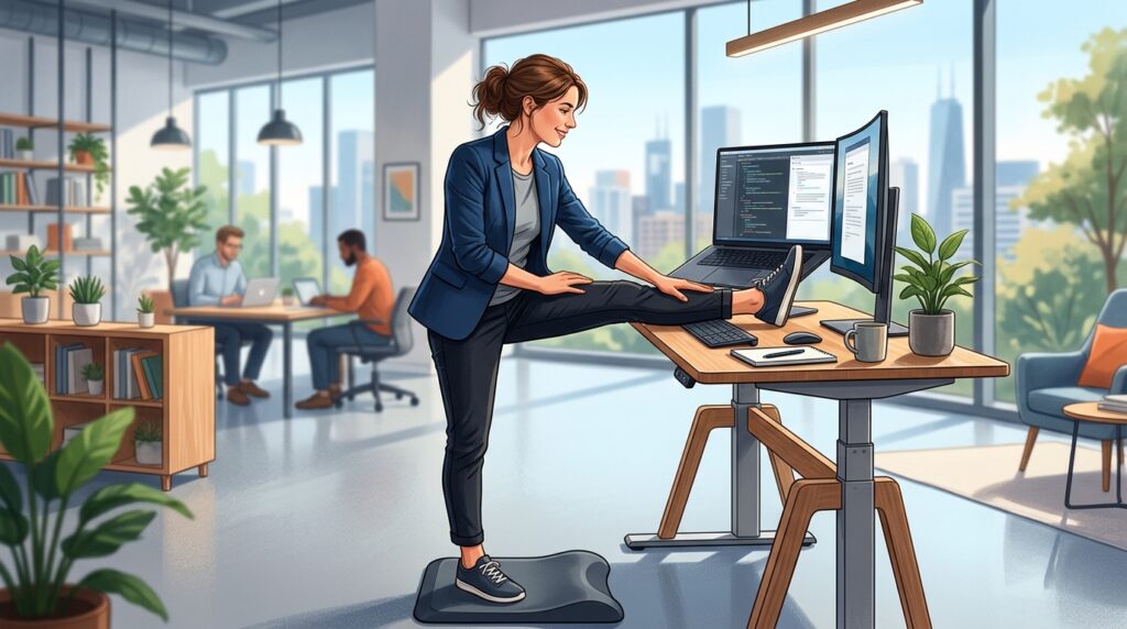 The key is not to stand or sit, but to move regularly throughout the day. Although it's unlikely any boss would approve feet on the desk, even if it's for health benefits. Photo.