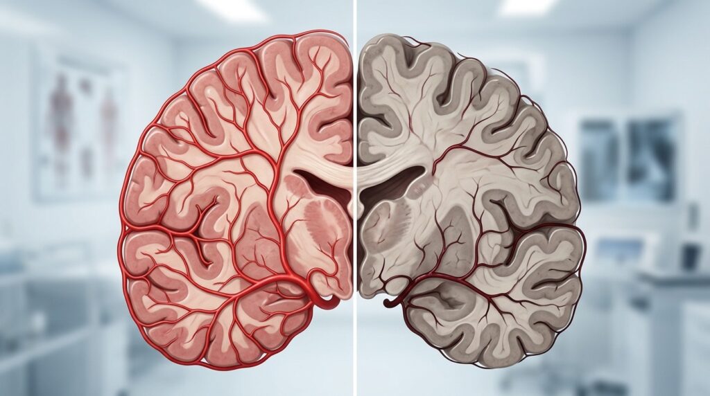 Schematic comparison of normal brain blood flow and reduced blood flow