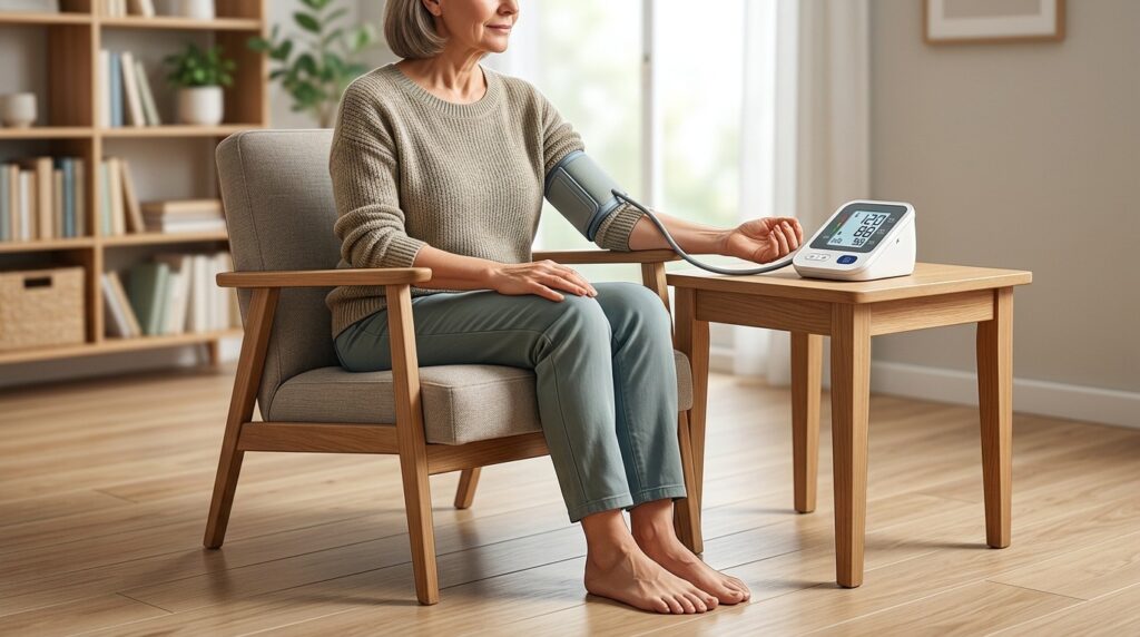 When measuring blood pressure, feet should be flat on the floor without crossing. Photo.