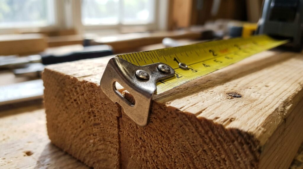 The metal hook of a tape measure shifts by the thickness of its own metal — this is not a defect but a design feature. Photo.
