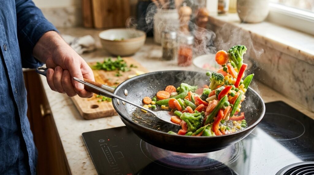 Quick stir-frying of frozen vegetables in a pan helps preserve vitamins