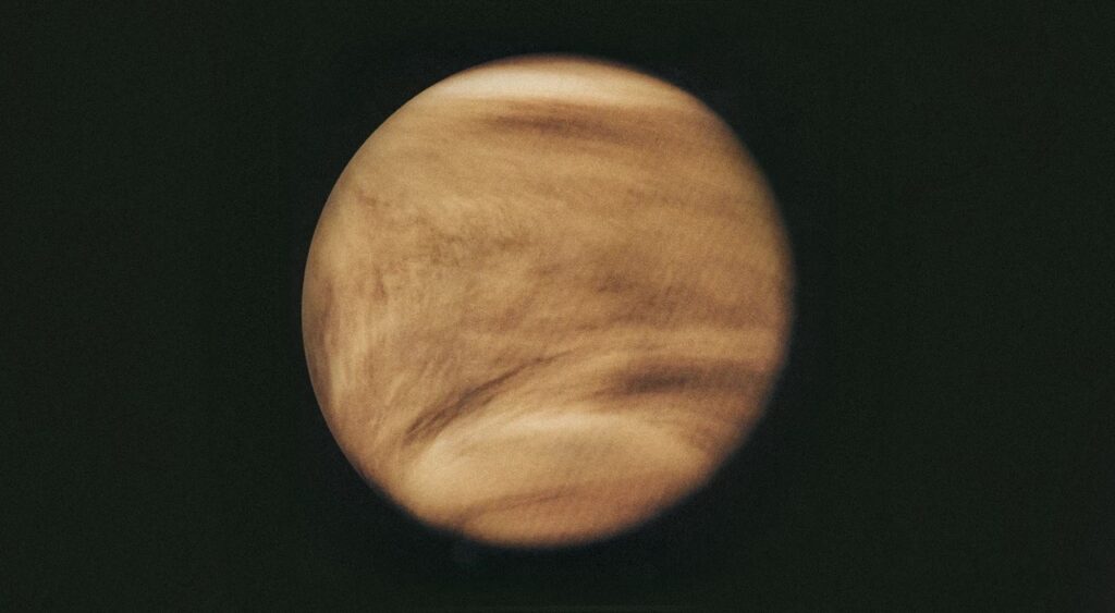 This image, taken in ultraviolet light, shows cloud structures covering Venus. Image source: cen.acs.org. Photo.