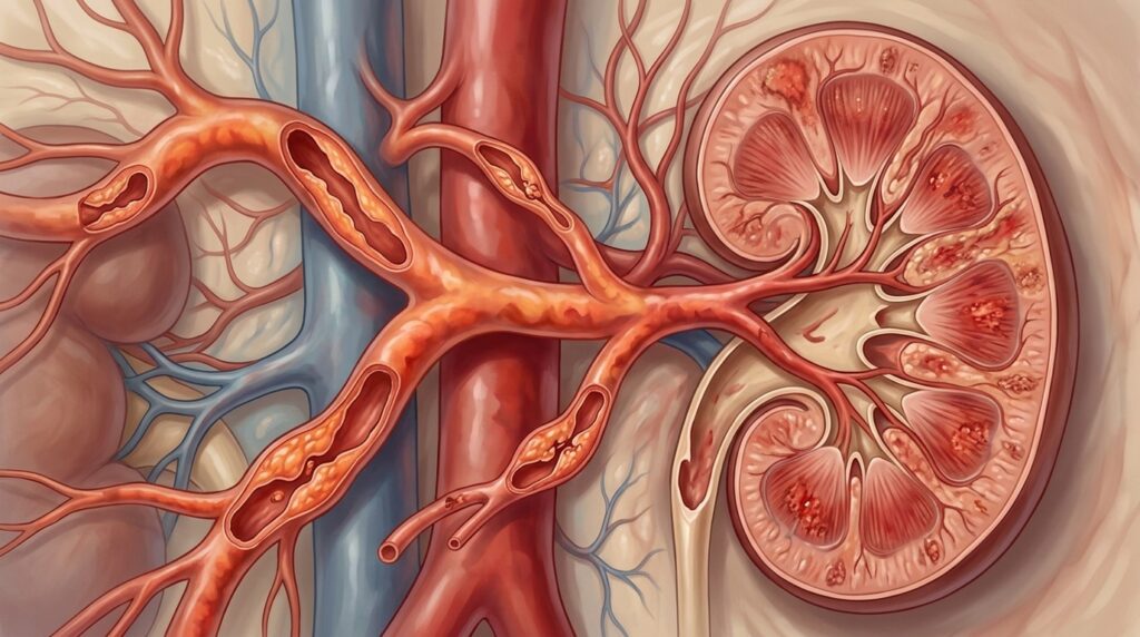 In Henoch-Schönlein purpura, inflammation affects small blood vessels and can lead to kidney damage. Photo.