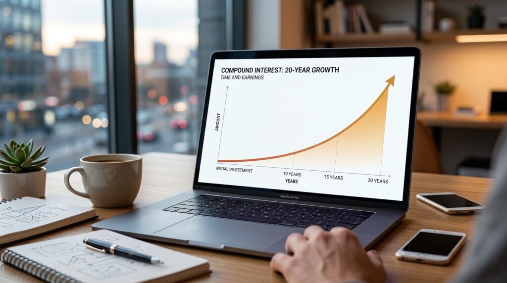 Compound interest turns small regular investments into significant capital over 10–20 years. Photo.