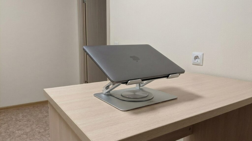 UGREEN laptop stand — I use it paired with my MacBook. Folds flat — I toss it in my backpack along with my MacBook. Photo.