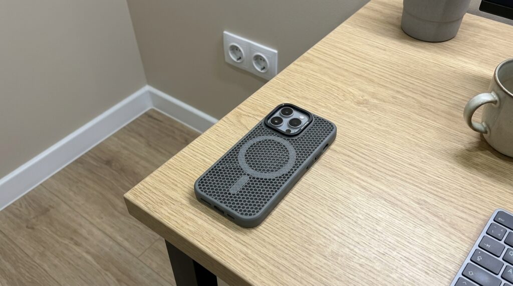 Mesh case for iPhone with MagSafe — finally the phone isn't a heater. Got it in May, and for the first time all summer the iPhone didn't burn my palm in the sun. Photo.