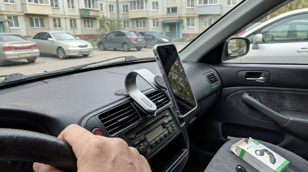 Magnetic car phone mount — bought two, one for me and one for my dad. The iPhone no longer rolls around the cupholder — it sticks and stays put. Photo.